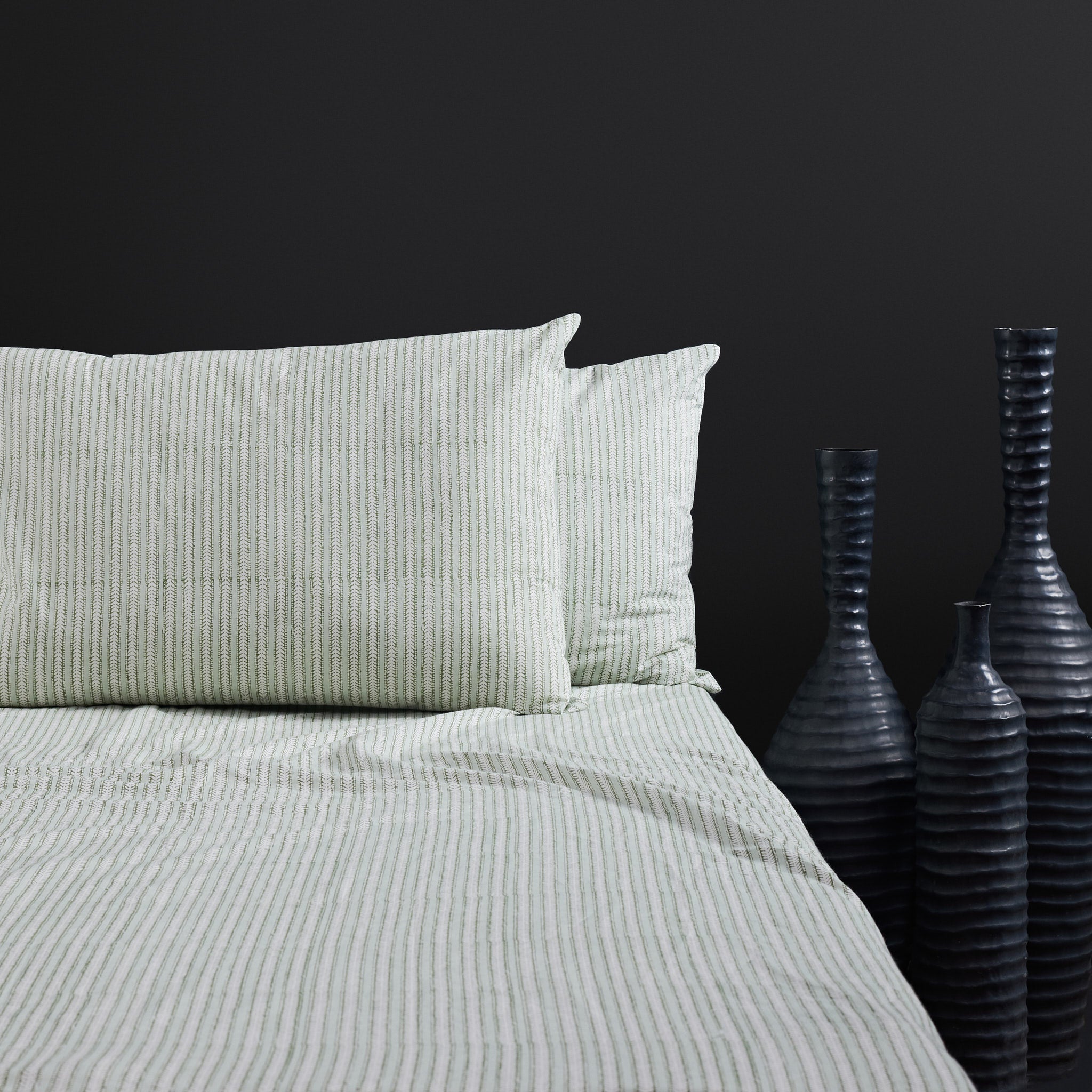 Feather Stripe Mist Green Bedsheet & Pillow Cover Set