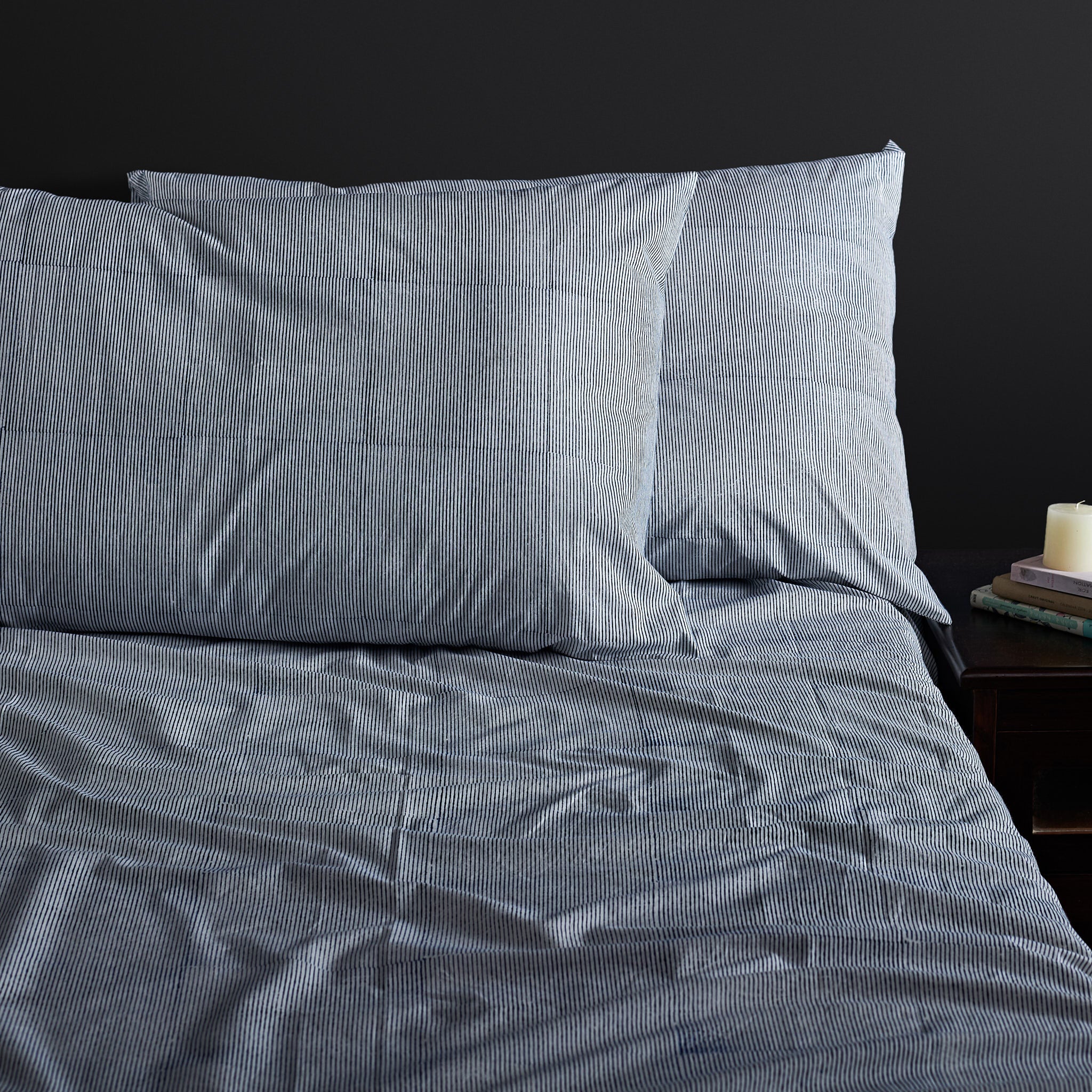 Pencil Stripe Indigo Bedsheet & Pillow Cover Set