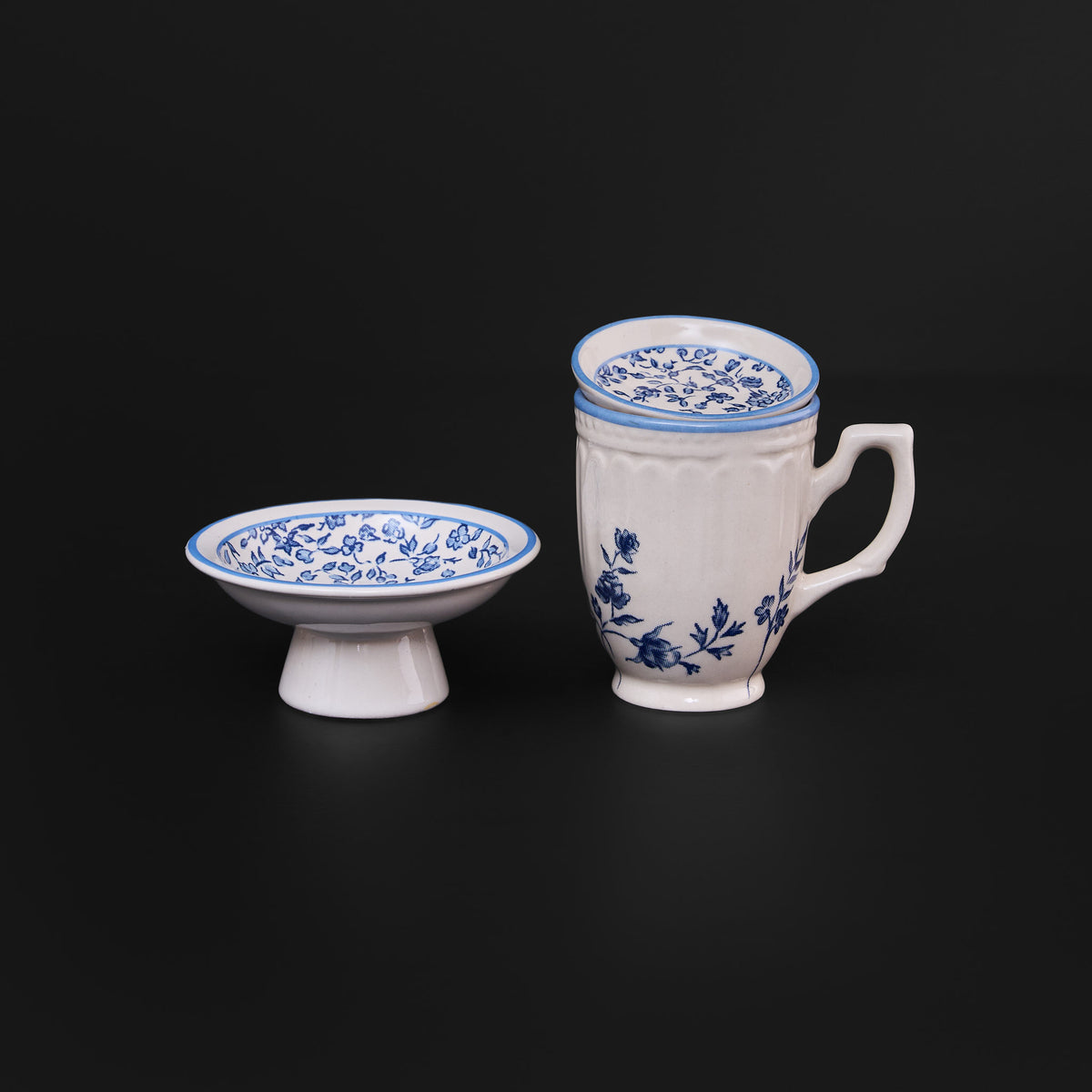 Tiana Floral China Blue Mug , Small Dish & Cookie Plate Set