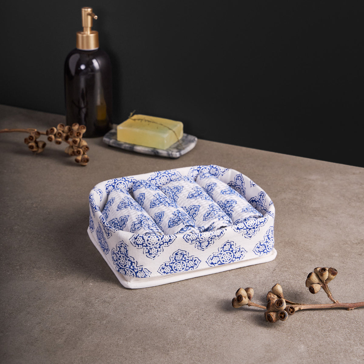 Jali Indigo Face Towels with Tray Set