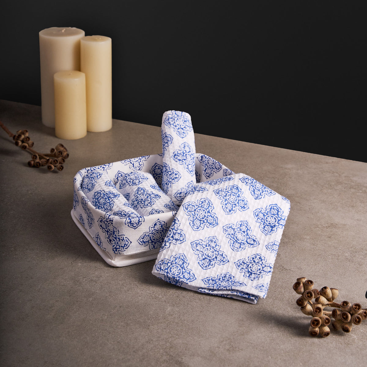 Jali Indigo Face Towels with Tray Set