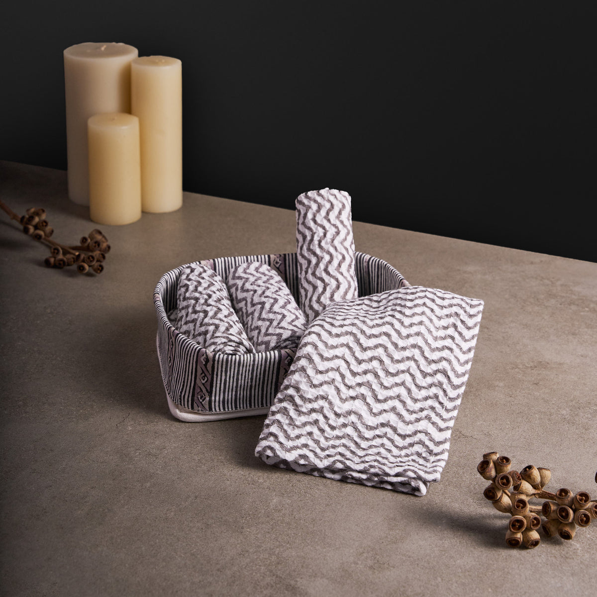Tula Charcoal Grey Face Towels with Tray Set